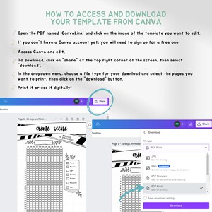 Peut inclure: Une capture d'&eacute;cran d'un mod&egrave;le de conception Canva montrant un planificateur imprimable &agrave; th&egrave;me "sc&egrave;ne de crime" en noir et blanc. Le mod&egrave;le est ouvert dans l'&eacute;diteur Canva et le menu de t&eacute;l&eacute;chargement est visible. Le menu de t&eacute;l&eacute;chargement affiche les diff&eacute;rents types de fichiers disponibles pour le t&eacute;l&eacute;chargement, notamment PDF Print, JPG, PNG, PDF Standard et PDF Print. L'option "PDF Print" est s&eacute;lectionn&eacute;e.