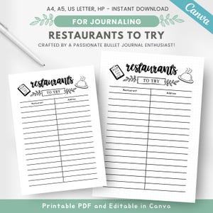 Restaurants to try list, restaurant to visit, dining out, printable planner page, places to try, meal journal page, editable template