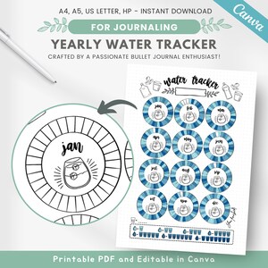 Op de afbeelding: Printbare jaarlijkse watertracker met een maandelijkse kalender voor elke maand van het jaar. De tracker heeft een schattige waterflesillustratie en een gestippelde achtergrond. De tekst "water tracker" is geschreven in een handschrift. De tekst "Yearly Water Tracker" is vetgedrukt. De tekst "Crafted by a passionate bullet journal enthusiast!" is geschreven in een kleiner lettertype. De tekst "Printable PDF and Editable in Canva" is geschreven in een groter lettertype.