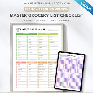 Könnte beinhalten: Eine druckbare Einkaufslisten-Checkliste mit Abschnitten für Gemüse, Obst, Fleisch, Meeresfrüchte, Pasta und Backwaren. Die Liste ist in Canva bearbeitbar und in A4- und US-Letter-Größen erhältlich. Ein Tablet zeigt eine digitale Version.