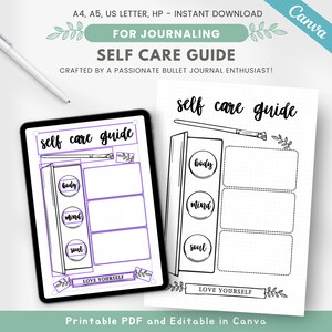 Op de afbeelding: Een digitale zelfzorg gids met de tekst "Self Care Guide" en de woorden "body", "mind" en "soul". De gids is ontworpen voor journaling en is beschikbaar als een printbare PDF en bewerkbaar in Canva.