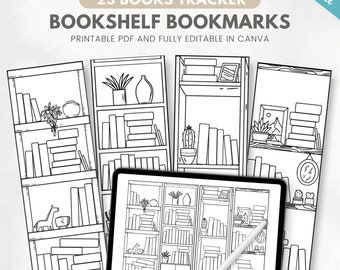 Printable bookshelf bookmarks, editable reading tracker, coloring bookcase template, 25 books tracker, Canva template