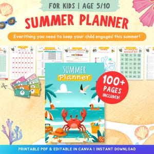 May include: A colorful summer planner for kids aged 5-10, featuring a beach-themed cover with a crab illustration. Includes over 100 pages of activities, a July calendar, and a responsibility chart. The text reads "Summer Planner".