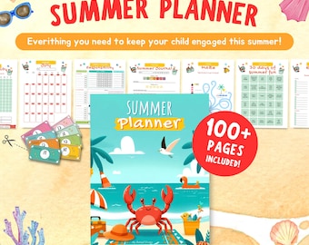 Paquete de planificador de verano para niños, libro de actividades de verano editable, frasco para el aburrimiento, tabla de tareas y sistema de recompensas, registro de lectura, juegos (plantilla de Canva)