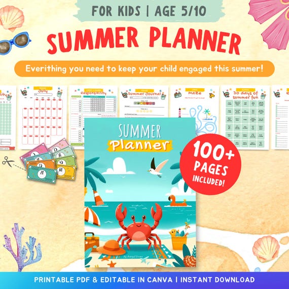 Kids Summer Planner Bundle, Editable Summer Activity Book, Boredom Jar, Chore Chart & Reward System, Reading Log, Games (Canva Template)