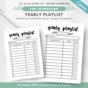 May include: Printable black and white yearly playlist tracker with a dotted background. The tracker has columns for song title and artist, album, and rating. The title of the tracker is "yearly playlist".