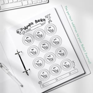 May include: A printable shower tracker with a black and white design. The tracker features a shower head, a hairdryer, and a duck for each month of the year. The text "shower tracker" is written in cursive at the top of the page. The text "The perfect addition to your Bullet Journal!" is written in green cursive on the right side of the page.