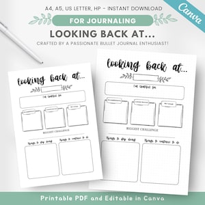 Könnte beinhalten: Druckbare Journal-Seite mit dem Titel "Looking Back At..." und Aufforderungen zur Reflexion, darunter "Ich bin dankbar für", "Errungenschaften", "Gelerntes", "Größte Herausforderung", "Dinge, die man aufhören sollte" und "Dinge, die man weitermachen sollte".