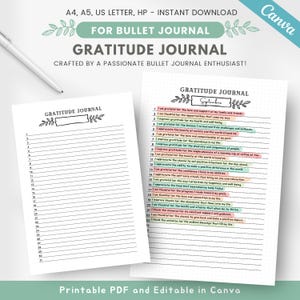 Printable gratitude journal, premade monthly gratitude bullet journal page, daily reflection, mental health planner, editable bujo template