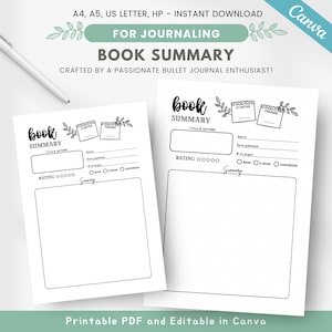 Fillable book summary, printable reading journal page, reading summary template, book review, reading planner insert, editable template