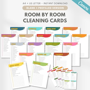 Editable kids cleaning checklist, room by room cleaning cards, printable cleaning cards, family cleaning list, zone cleaning, canva template