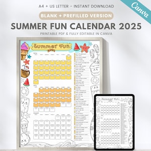 Bewerkbare poster zomerkalender, familiebucketlist, zomeractiviteiten voor kinderen, checklist zomer 2025, afdrukbare kalender, direct downloaden