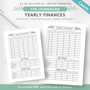 May include: Printable black and white yearly finance tracker with sections for income, expenses, debt, savings, and balance. The tracker is designed for bullet journaling and includes a section for debt overview and savings overview.