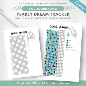 Dream tracker annuale, registro dei sogni, inserto pianificatore stampabile, pagina di diario dei sogni, analisi dei sogni, modello di diario modificabile