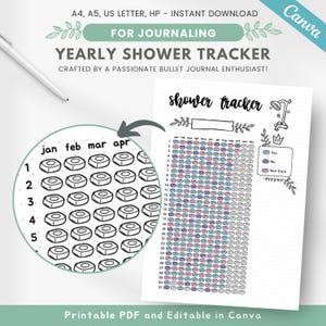 May include: A printable black and white yearly shower tracker with a simple design. The tracker has a grid of circles for each day of the year, with a section for each month. The tracker also includes a key with three symbols: a checkmark for "yes", an "x" for "no", and a drop of water for "hair care".