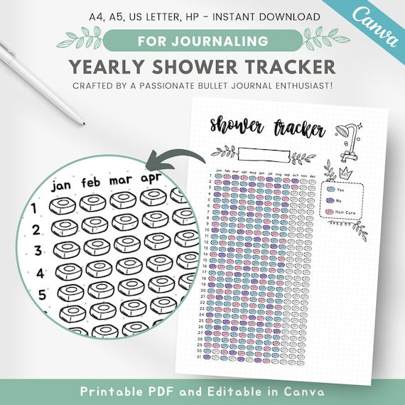Premade shower tracker, hair washing tracker, shampoo tracker, shower frequency log, journal yearly tracker, daily habit tracker template