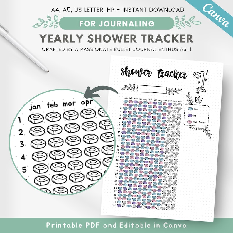 May include: A printable black and white yearly shower tracker with a simple design. The tracker has a grid of circles for each day of the year, with a section for each month. The tracker also includes a key with three symbols: a checkmark for "yes", an "x" for "no", and a drop of water for "hair care".