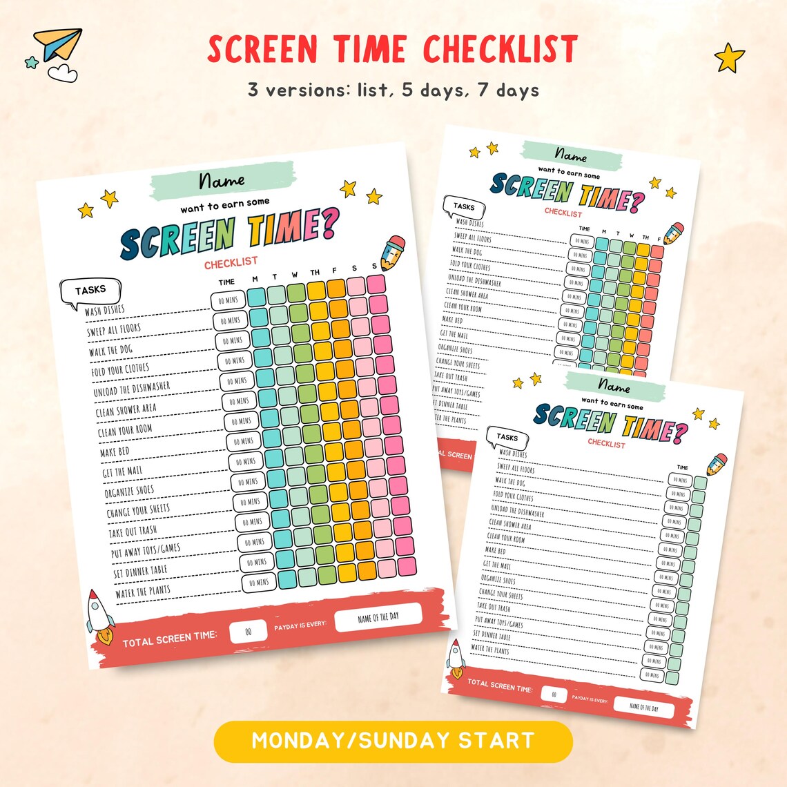 Editable Screen Time Chart With Reward Bucks, Printable Kids Screen ...