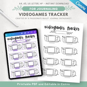 May include: A digital videogame tracker displayed on a tablet and printed on paper. The tracker features a repeating design of a game console with space for notes and ratings. Text includes "Videogames Tracker" and "For Journaling".