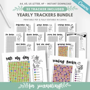 Yearly Tracker Bundle, 30+ Journal Trackers, Printable & Canva Editable (PDF)