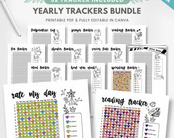Yearly Tracker Bundle, 30+ Journal Trackers, Printable & Canva Editable (PDF)