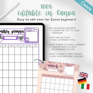 May include: A digital monthly planner template with a purple and white floral design. The text "100% editable in Canva" is at the top. The planner includes space for dates and notes, with the month of March displayed.