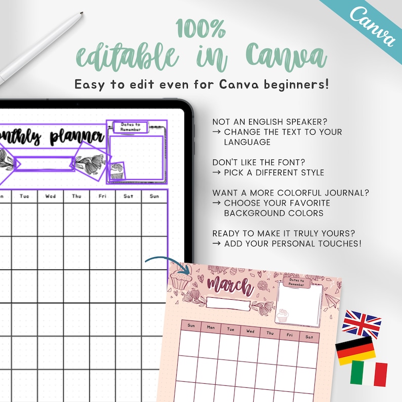 May include: A digital monthly planner template with a purple and white floral design. The text "100% editable in Canva" is at the top. The planner includes space for dates and notes, with the month of March displayed.