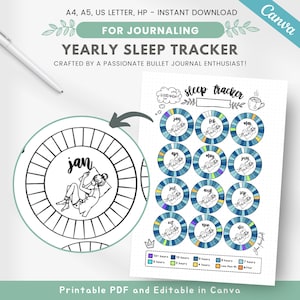 May include: A printable yearly sleep tracker with a black and white illustration of a person sleeping. The tracker is divided into 12 sections, one for each month of the year. Each section has a circle with a scale to track sleep hours. The scale includes 10+ hours, 10 hours, 9 hours, 8 hours, 7 hours, 6 hours, 5 hours, 4 hours, less than 4 hours, and after. The tracker is designed for bullet journaling and is available in A4, A5, US Letter, and HP sizes.
