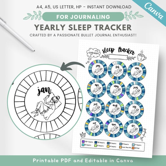 Sleep tracker yearly, printable journal page, hours of sleep, sleep quality analysis, sleep log, sleep cycle, editable journal template