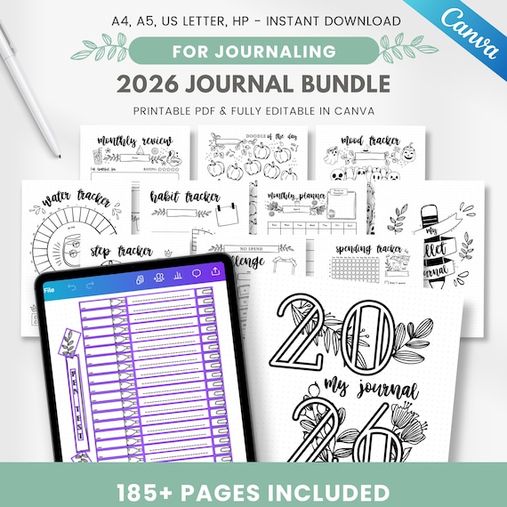 2026 premade journal bundle: 180+ EDITABLE journal pages - monthly & yearly trackers - multiple sizes (digital download)