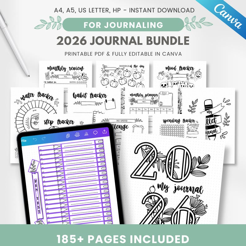2026 Editable Journal bundle - 180+ Canva templates, printable planner insert | A4 & A5 - Value Pack image 1