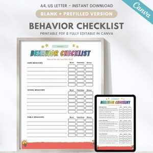 Editable kids behavior checklist, home & school behavior chart, behavior analysis, behavior reflection sheet, Canva template