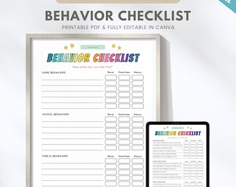 Editable kids behavior checklist, home & school behavior chart, behavior analysis, behavior reflection sheet, Canva template