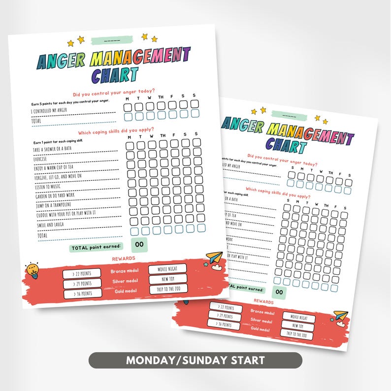 May include: A printable anger management chart for kids with colorful stars, a rainbow airplane, and a light red background. The chart includes a daily checklist for controlling anger and a list of coping skills to apply. The chart also includes a points system and rewards for achieving goals.