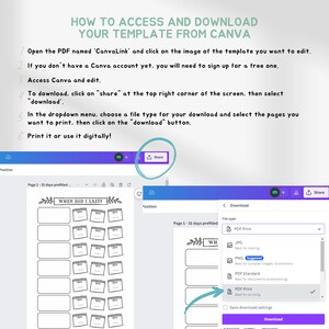 Peut inclure: Un &eacute;cran Canva montrant comment t&eacute;l&eacute;charger un mod&egrave;le. Le mod&egrave;le est un tableau de suivi imprimable intitul&eacute; "When Did I Last". L'&eacute;cran affiche les options de t&eacute;l&eacute;chargement du mod&egrave;le, notamment PDF Print, JPG, PNG, PDF Standard et PDF Print. Le bouton de t&eacute;l&eacute;chargement est mis en &eacute;vidence.