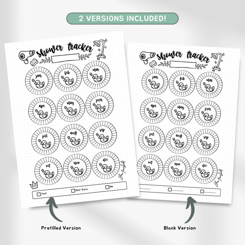 May include: Two versions of a printable shower tracker with a cute rubber ducky design. The prefilled version has a checklist for "Yes", "Hair Care", and "No".
