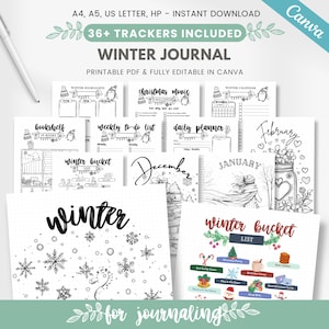 May include: A black and white printable winter journal with 36+ trackers. The journal includes pages for daily planning, weekly to-do lists, a bookshelf tracker, a winter bucket list, and a Christmas movie challenge. The journal is fully editable in Canva.