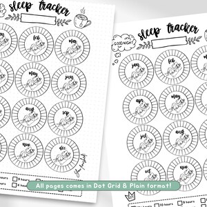 May include: A printable sleep tracker with a black and white design. The tracker features a circle for each month of the year with a sleeping person inside. The text "sleep tracker" appears at the top of the page. The text "All pages comes in Dot Grid & Plain format!" appears at the bottom of the page.