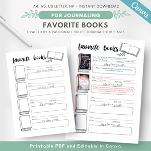 Favorite books list, PRINTABLE & EDITABLE reading journal page, books I have read tracker, book journal, reading planner