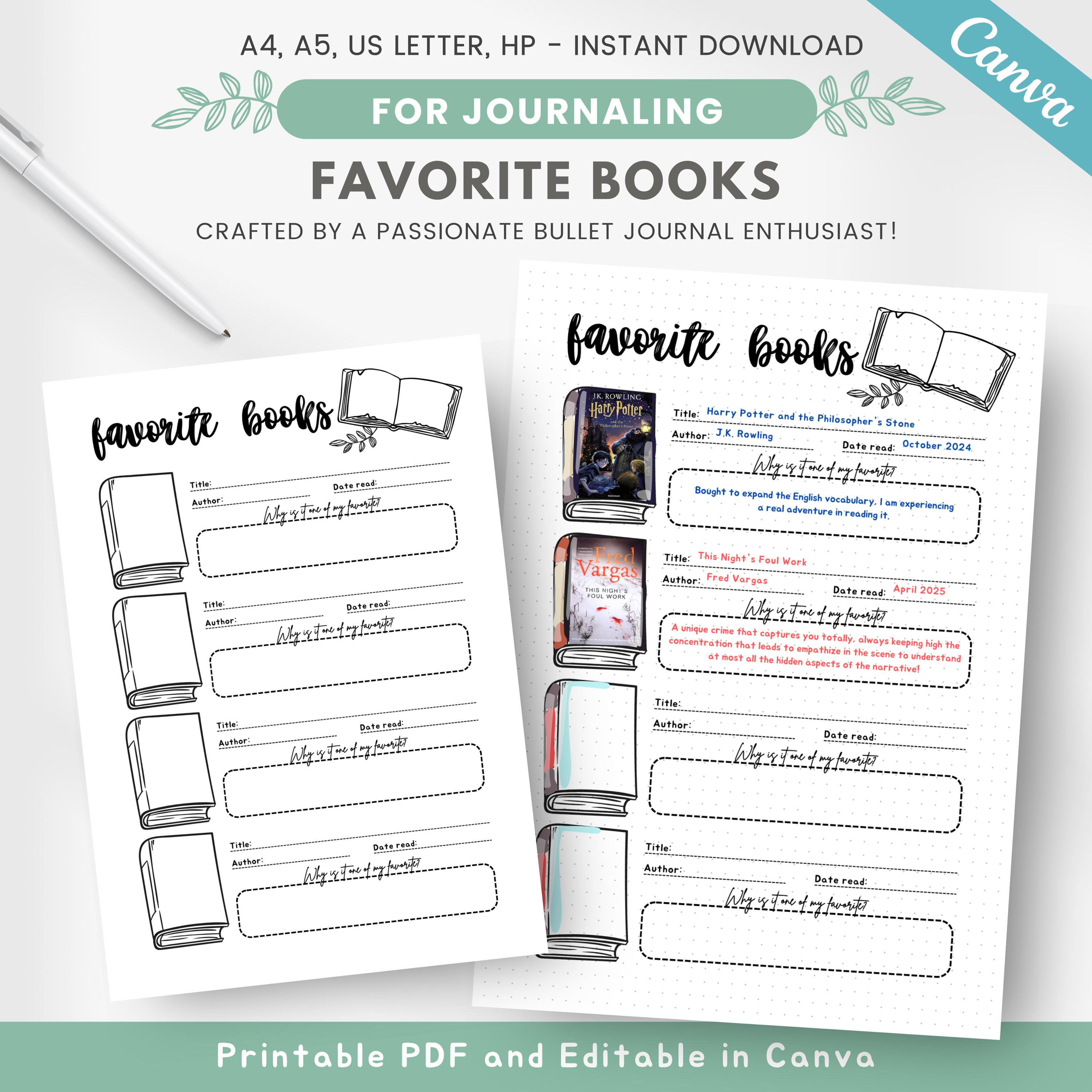 Favorite books list, PRINTABLE & EDITABLE reading journal page, books I have read tracker, book journal, reading planner