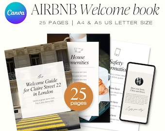 May include: A mockup of an Airbnb welcome book with 25 pages. The cover features a photo of a street in London with a yellow crosswalk. The text on the cover reads "The Welcome Guide for Claire Street 22 in London".