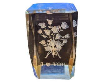 Art Glass Etched Paperweight Clear I Heart You Flowers