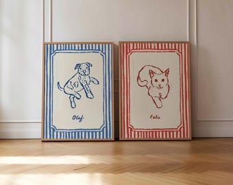 2er Set Tierportraits, Tierportraits mit Streifen, Retro Hundeportrait, bunte DIGITALE Wandkunst, Vintage Galerie, Eklektisches Katzenbild, Einzigartiges Geschenk