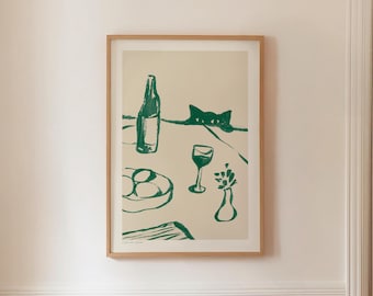 Stampa di un gatto furtivo con vino, divertente decorazione murale per cucina, decorazione astratta per carrello bar, download IMMEDIATO di uno schizzo di animale stravagante, poster per una cena scandinava