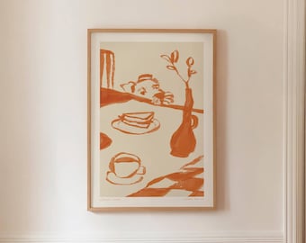 SNEAKY DOG 08 - Coffee Kitchen Print, Funny Diner Wall Art, Scandi Breakfast Poster, Whimsical Dog Sketch (Instant Download)