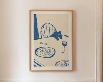 SNEAKY CAT 05 - Funny Kitchen Cat Print, Abstract Wine and Fish Wall Art, Mid Century Modern Bar Cart Decor (Digital Printable)