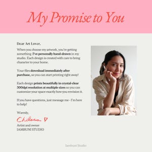 May include: A promotional image with the text "My Promise to You" in a cursive font. The image includes a photo of a woman and text describing the artist's work, including hand-drawn designs and immediate downloads.
