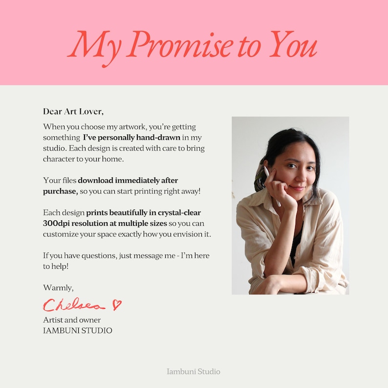 May include: A promotional image with the text "My Promise to You" in a cursive font. The image includes a photo of a woman and text describing the artist's work, including hand-drawn designs and immediate downloads.