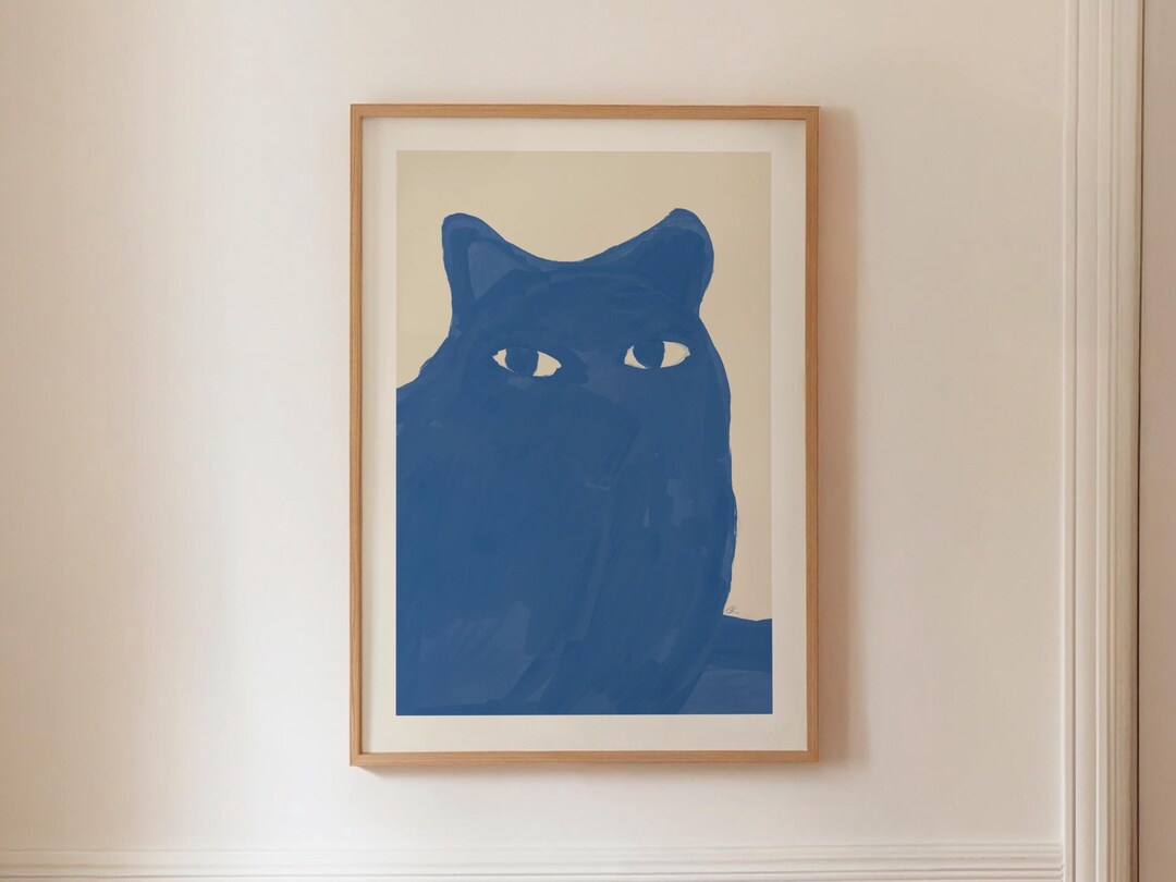 真面目な青い猫、ミニマリストの動物アートプリント、カラフルな