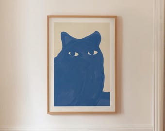 真面目な青い猫、ミニマリストの動物アートプリント、カラフルな